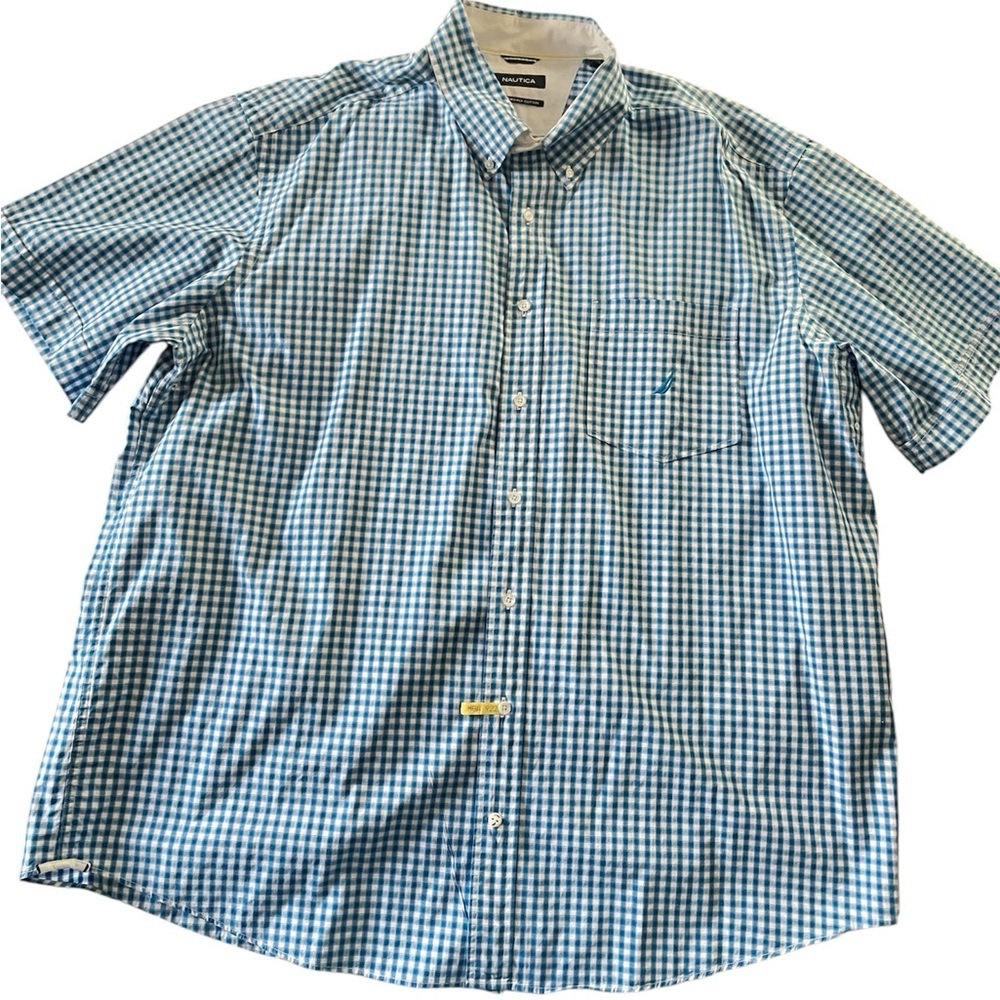 Nautica Plaid Men’s Short Sleeve Shirt 2XL Button Down Blue, Cotton
